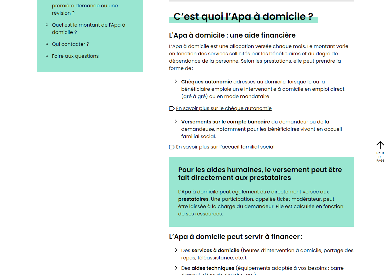 Capture de la page du Département de Loire-Atlantique expliquant le versement de l'APA à domicile et le ticket modérateur