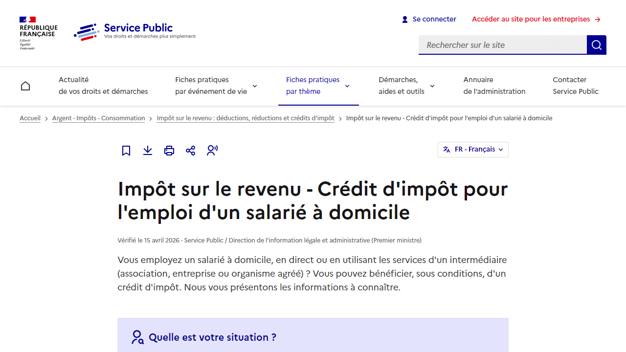 Capture de la fiche service-public.gouv.fr sur le crédit d'impôt pour l'emploi d'un salarié à domicile
